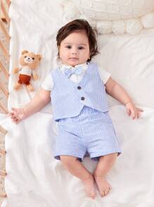 3-Piece Newborn Baby Boy/Girl Casual Academic Gentleman Style Short Sleeve Romper + Striped Vest + Elastic Waist Shorts Set, Suitable For Spring/Summer Wear, Home, Outings, Birthdays, Christenings, 1st Birthday Parties, Galas, Performances, Weddings