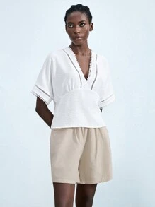 Lumivelle Women's Solid Color Contrast Lace Batwing Short Sleeve Casual Shirt