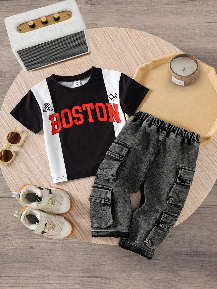 Baby Boy Summer Street Life Casual Graphic Street Fashion Set,Red And Black Round-Neck Print Top&Work Denim Pants,Handsome Beach Loose-Fitting Outfit - Black - View 1