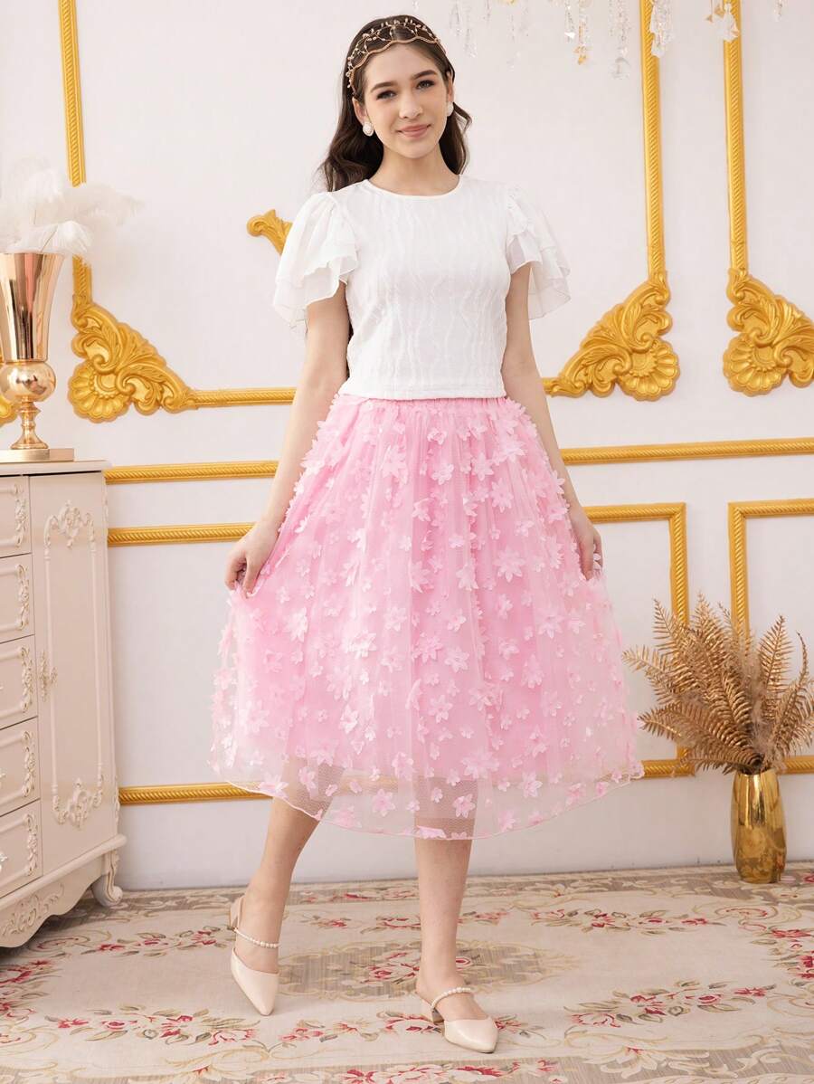SHEIN Ensemble 2 pièces pour adolescentes : Top simple avec volants et jupe superposée en tulle - Multicolore - Voir 1