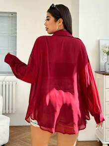 SHEIN EZwear 大码女式宽松透明雪纺休闲长袖衬衫，适合夏季、返校、约会、茶会、海滩、夏威夷、日常穿着 - 酒紅色 - 查看 2