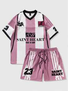 ROMWE MEN Prep 2pcs Men's Jersey Slogan Print T-Shirts, Suitable For Daily Wear In Spring/Summer - Multicolor - View 1