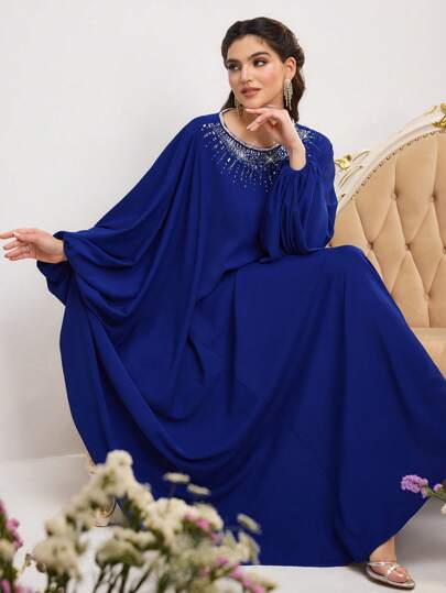 Al Najma Women's Traditional Turkish & Arabic Style Long Dress With Rhinestone Bat Sleeves Deep Royal Blue Round Neck Rhinestone Spring Valentine's Day, Kaftan & Jalabiya
