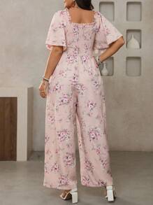 SHEIN Clasi Mono casual largo de talla grande para mujer con estampado de flores rojas, cuello en U, mangas abombadas y cintura fruncida. Adecuado para boda, Día de San Valentín, festival de música, Pascua, refrescante, alivio del estrés, vestido de noche, elegante, atuendo de verano, Día de San Patricio, fiesta, vacaciones de primavera, estilo boho