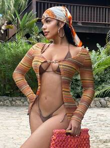 SHEIN SXY Chaqueta casual de rayas de manga larga con ajuste entallado para vacaciones - Multicolor - Ver 3