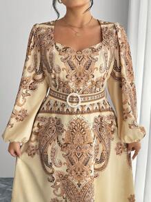 Modelyn Vestido elegante de manga larga abultada con estampado digital y cintura anudada, corte ajustado, para tallas grandes de mujer