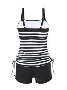 Swim Lushoire 2 件套成熟女士条纹特殊面料宽肩带褶皱下摆比基尼套装，适合夏季海滩度假 - 黑與白 - 查看 7