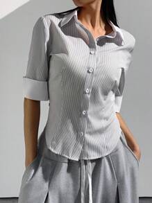 StreetHx 女士休闲条纹短袖修身衬衫