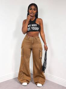 SHEIN Slayr Celana Jeans Wanita Model Flare dengan Kantong Kargo, Kasual, dan Serbaguna - Coklat - View 4