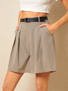 Poéselle Chic High-Waisted Pinstripe Shorts With Belt - Effortless Elegance For Any Occasion,High-Waisted Shorts, Pinstripe Fashion, Women's Tailored Shorts, Casual Chic Outfits, Stylish Summer Bottoms - Multicolor - View 3