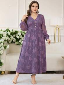 Modelyn Simple Romantic Chiffon Cut-Out V-Neck Lantern Sleeve A-Line Plus Size Casual Dress For Spring/Summer - Purple - View 4