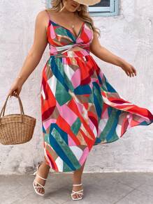 SHEIN VCAY Robe fluide avec imprimé blocs de couleurs, encolure dégagée, torsade à la taille, ourlet asymétrique, adaptée aux grandes tailles. Idéale pour les vacances à l'île, le printemps/été, la Saint-Valentin, les tenues d'été pour femmes, la plage, les vêtements d'été pour femmes, la Saint-Patrick, les tenues de printemps pour femmes, le style Ibiza - Multicolore - Voir 6