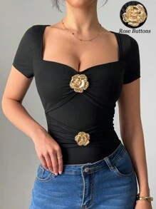 Rafferiza 女士性感优雅派对方领心形领玫瑰金金属扣不对称修身高弹柔软休闲短袖 T 恤 - 黑色 - 查看 8