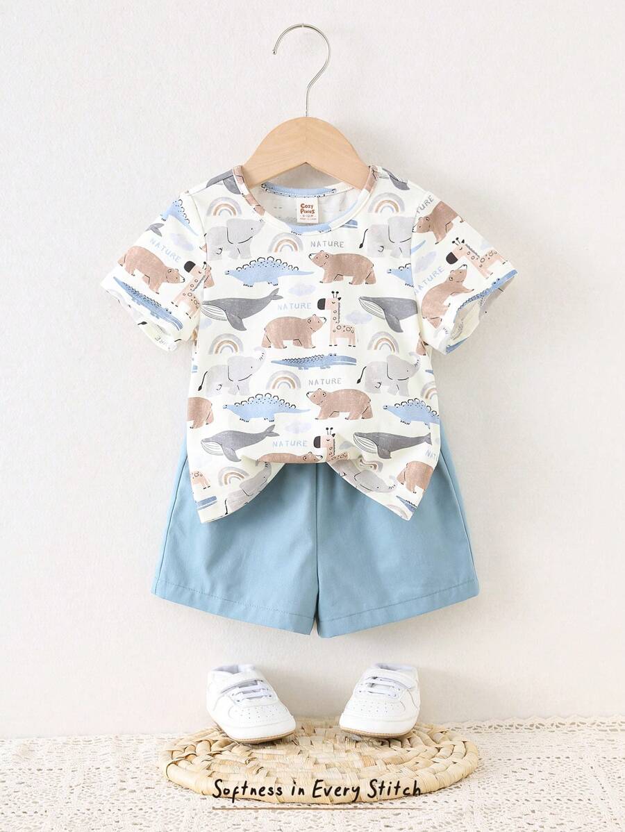 Cozy Pixies Baby Boy 2pcs Set Cartoon Animal Print Knitted Soft Round Neck Short Sleeve Pullover Top And Elastic Waist Shorts