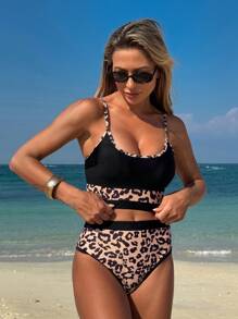 Swim Lushoire Frauen Bikini Set mit hoher Taille, Leopardenmuster, schwarz elegant, für den Strandurlaub