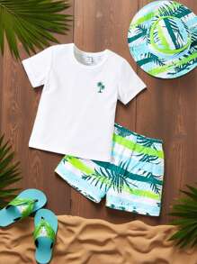 SHEIN Playful Pals Bộ trang phục thường ngày đi biển mùa hè cho bé trai 3 món - Áo phông tay ngắn họa tiết sọc, quần short cạp chun, mũ rộng vành chống nắng - Nhiều màu - Xem 3