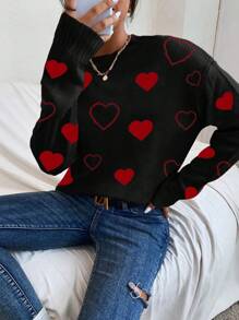 Chiquease Nouveau pull casual en tricot côtelé à col rond, motif cœur pour la Saint-Valentin, style ample, Automne/Hiver 2024