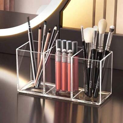 SHEIN 1pc Clear Makeup Brush Holder Desktop Vanity Makeup Organizer For Lipstick, Eyebrow Pencils, Skincare Products