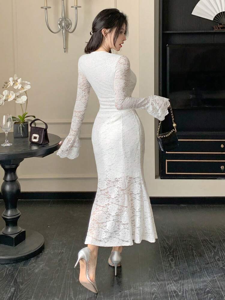 2pcs Women Set: Lace Collar Blouse And Fishtail Skirt,Fall Women Clothes