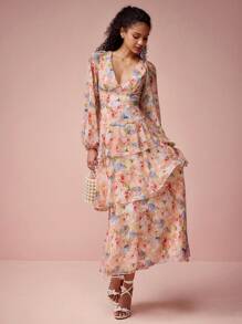 Enchnt Women's Cream Floral Print V-Neck Balloon Sleeves Flowy Long Dresses,Elegant Autumn Wedding Guest Sun Dress For Valentine's Day,Holiday&Garden Party - Orange - View 6