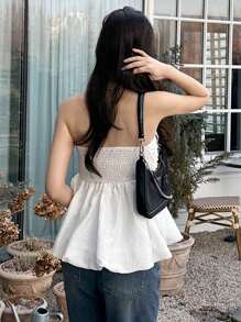 DAZY 女式纯色修身无袖抹胸衬衫（白色）、节日花朵度假海滩、春夏季、荷叶边娃娃上衣外出上衣 - 白色 - 查看 2