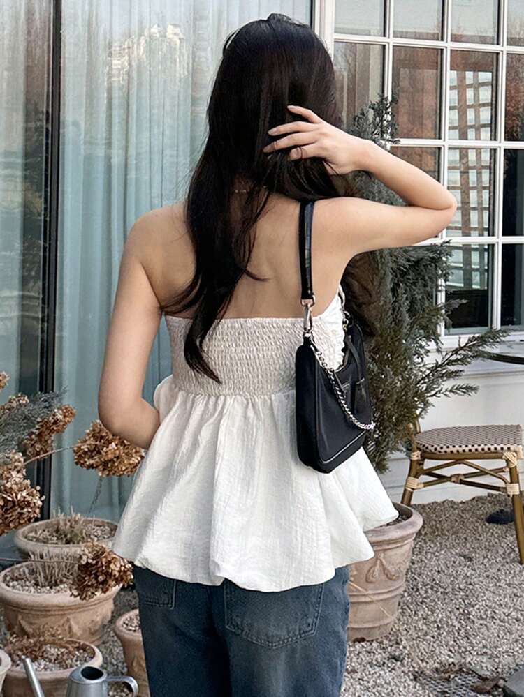 Women Solid Color Fitted Sleeveless Tube Top Shirt In White, Holiday Flower Vacation Beach, Spring/Summer, Ruffle Baby Doll Top Going Out Tops