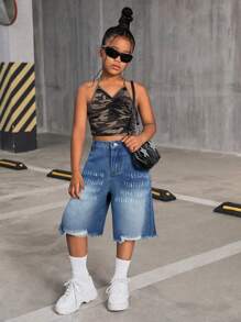 SHEIN Tween Girl Casual Ripped Loose Denim Shorts - Medium Wash - View 3