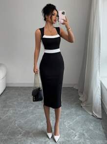 Selianne Women's Hollow-Out Bowknot Back Black & White Contrast Square Neck Sleeveless Long Dress, Elegant Casual, Spring/Summer - Black and White - View 7