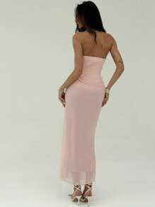 Aloruh 女士纯色褶皱无袖长裙 - 粉色 - 查看 3