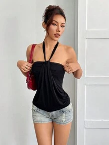 SHEIN EZwear Women's Casual Solid Color Backless Halter Top - Black - View 4