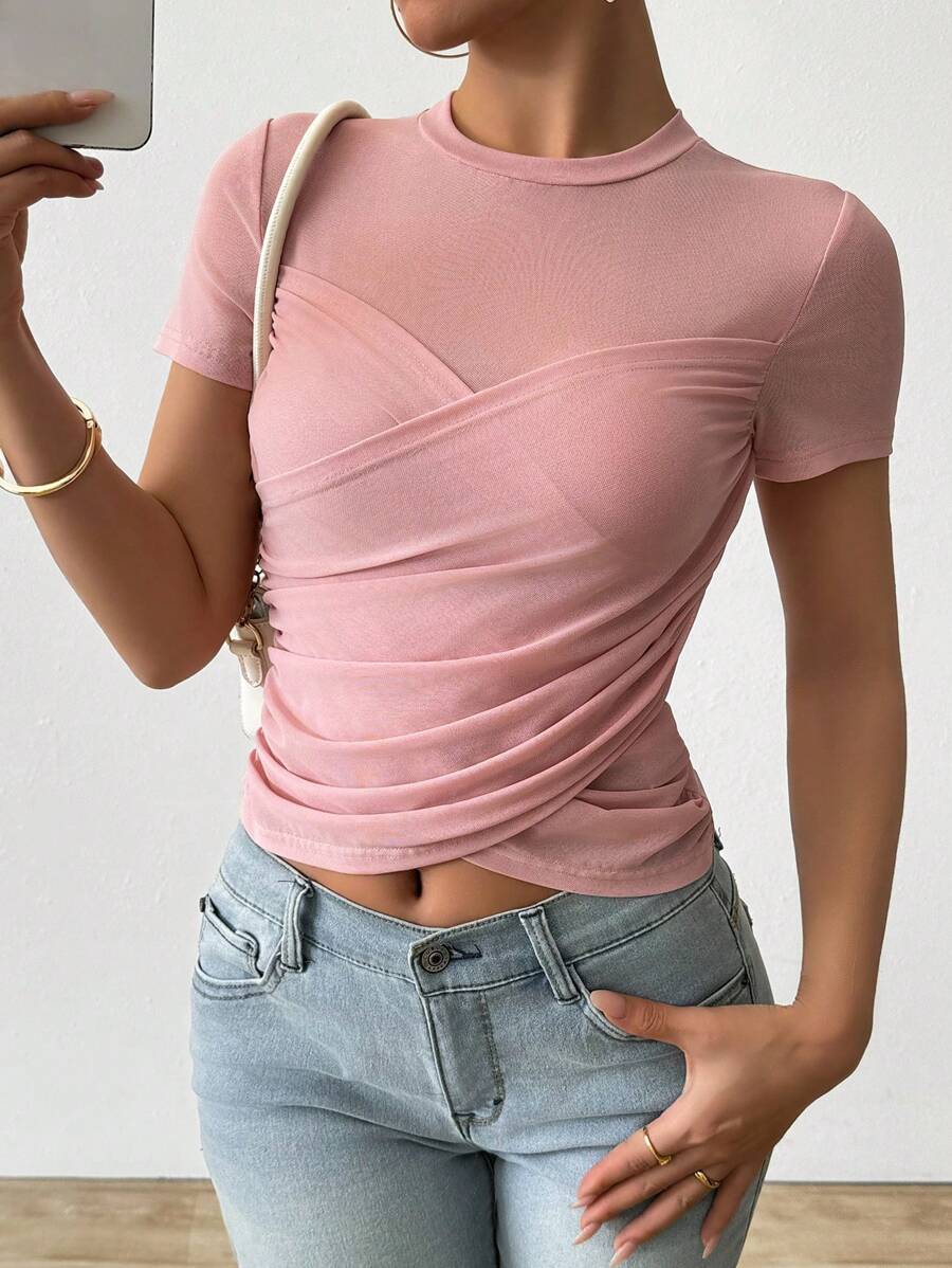 SHEIN Clasi Women's Fitted Knit Crew Neck Short Sleeve T-Shirt, Spring/Summer - Pink - View 1