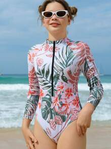 SHEIN Teen Girls Beachwear - Fashionable & Elegant One-Piece Swimsuit. Features Multi-Color Floral And Leaf Digital Print, Soft Knitted Fabric, Front Zipper, Long Sleeves, And A Triangle Cut Bottom. A Stylish, Casual, And Exquisitely Designed Sun-Protective Swimsuit. Perfect For Swimming, Summer Vacations, Beach Trips, Pool Parties, And Holiday Getaways. - Multicolor - View 4