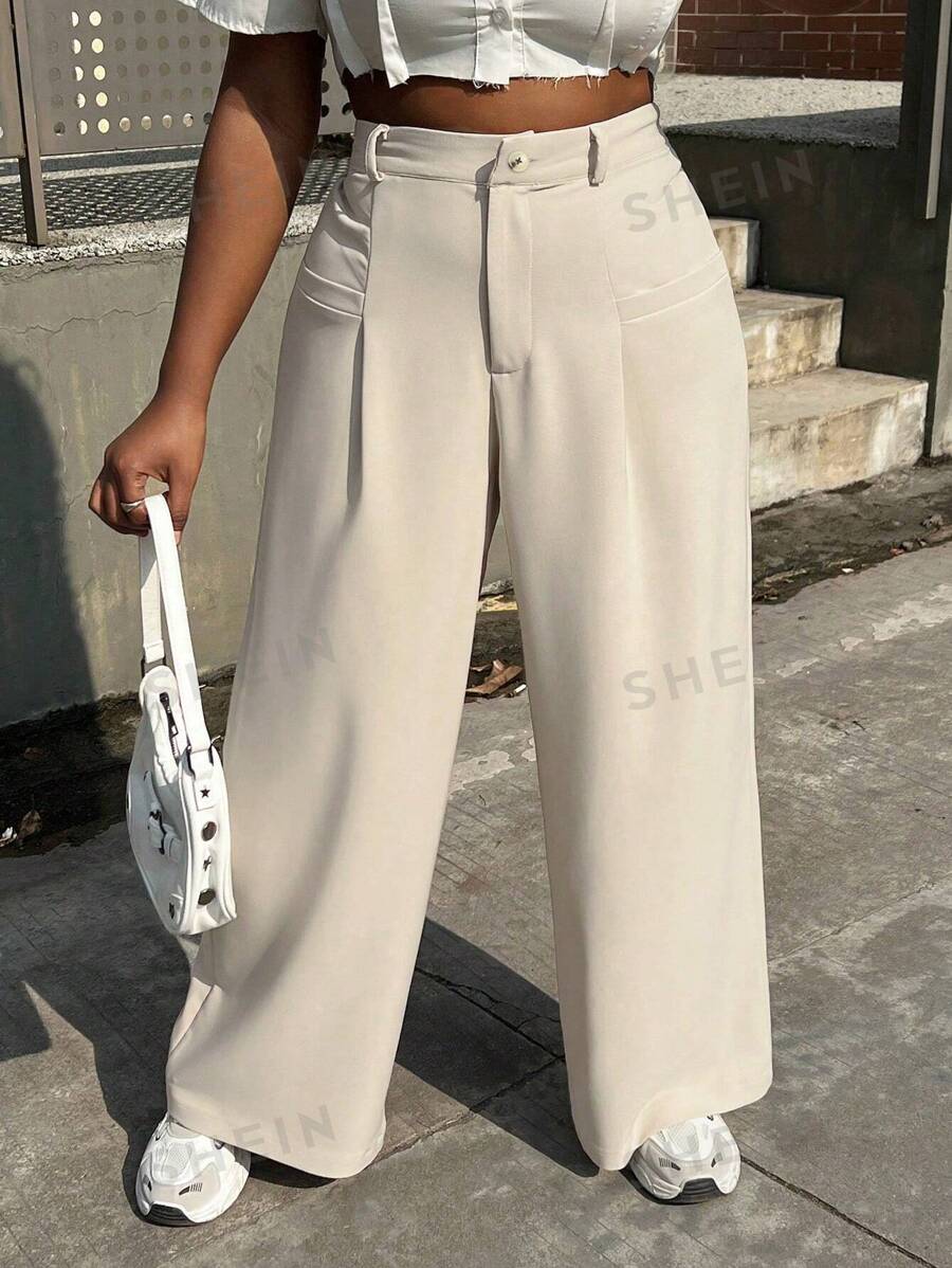 SHEIN EZwear Pantaloni lat pentru navetiști, ocazional, mărimi plus - Caisă - Vizualizare 1