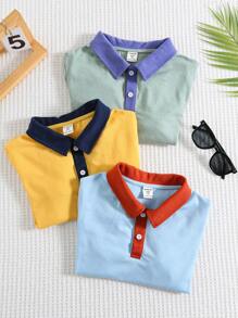 6pcs/Set Young Boys Casual College Contrast Color Block Short Sleeve Polo Shirt & Shorts Set, Multi-Pack, Suitable For Spring/Summer, Outdoor, School, Street, Party, Home, High Cost-Effectiveness