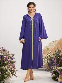 Al Najma 女士宽松长袖连帽拼接阿拉伯风格连衣裙 - 紫色 - 查看 5
