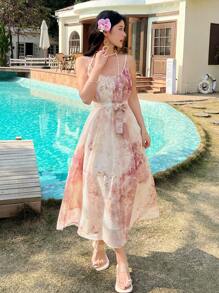 DAZY 女士扎染印花露背吊带中长夏季连衣裙邮轮女装吊带裙碎花波西米亚风度假装 - 紫色 - 查看 4
