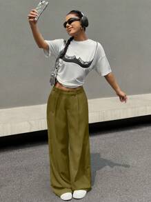 SHEIN EZwear Quần ống rộng cạp trễ màu trơn đơn giản dành cho nữ - xanh quân đội - Xem 3