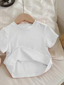 SHEIN Baby Girl Casual Short Sleeve Round Neck Top, Suitable For Summer - White - View 2
