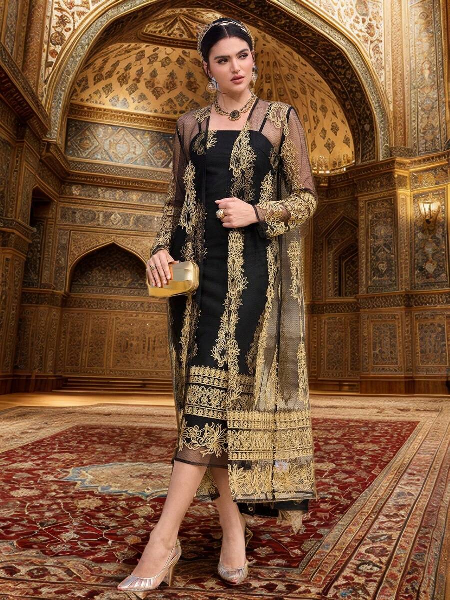 Al Najma 女士花卉网眼长袖长袍和连衣裙阿拉伯服装套装 - 黑色 - 查看 1