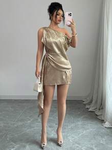 Elenzga Women Asymmetric Neck Ruched Metal-Tone Dress - Gold - View 4