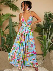 Travachic Vacation Style Women's Plant Printed Spaghetti Strap Dress