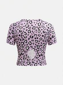 SHEIN Conjunto deportivo con estampado de leopardo de manga corta y cuello redondo para niñas preadolescentes