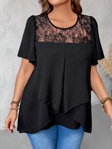 EMERY ROSE Blusa de verano de talla grande para mujer con mangas cortas, ajuste regular, de gasa de unicolor con encaje de contraste y bajo acampanado