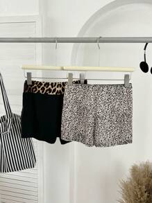 SHEIN LUNE Multiple Pieces Leopard Short Sleeve Top And Leggings Set, Leopard Print Splice Design Activewear Home Shorts For Summer - Multicolor - View 2