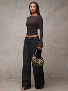 SHEIN BAE Elastic Knitted Open Back Trumpet Sleeve Top, Party Women Tops,Basic Long Sleeve Top - Coffee Brown - View 3