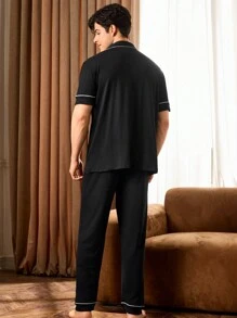 Shein Underwear&Sleepwear Basics Men Colorblock Trim Short Sleeve & Long Pants Pajama Set, Casual Loungewear