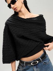 LYSMO Women Solid Color Pleated Loose Asymmetrical Knitted Sweater - Black - View 5