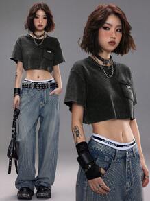 Coolane 女士春夏节日街头服饰外出复古 Y2K 脏脏圆领短款 T 恤 - 黑色 - 查看 5