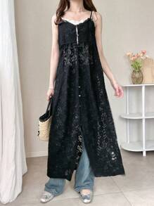 FRIFUL Women's Black Long Strap Lace Dress, Elegant Ladies Dress Sundress,Casual Women Dresses