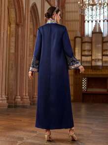 Al Najma 女士优雅闪亮水钻喇叭袖阿拉伯风格连衣裙 - 藏蓝色 - 查看 2